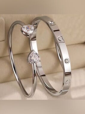 Macy's Silver-Tone Heart & Crystal Stackable Bangle Set